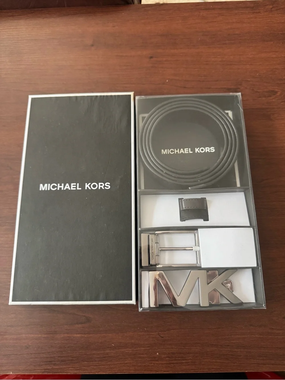 Michael Kors Black Leather Men’s Belt with Interchangeable MK Buckle